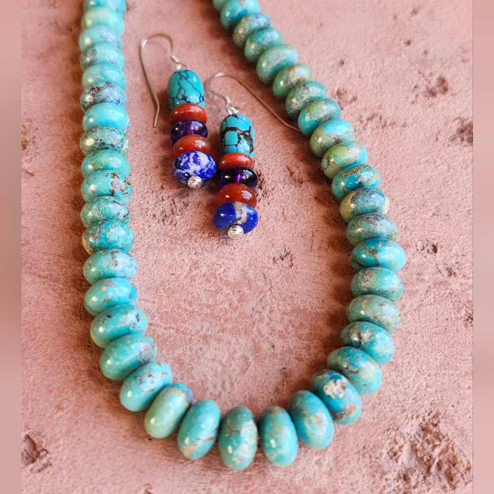 Sterling Silver Genuine Turquoise Necklace Set - Picture 6 of 17